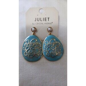 JULIET BY CRYSTAL AVENUE EGG SHAPED HAPPY EASTER AQUA EARRINGS